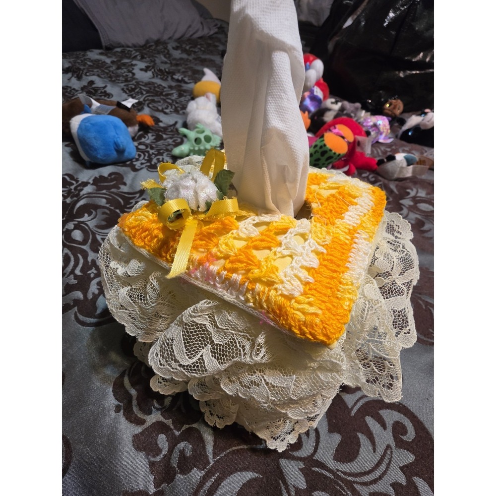 Vintage Tissue Box Cover Cozy Handmade Crochet Orange Yellow White